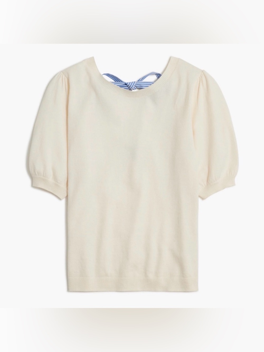 J. Crew Cream Puff-Sleeve Knit Top with Blue Stripe Back Tie - XL